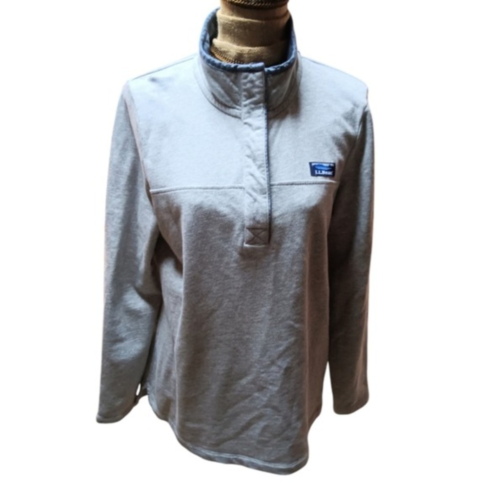 LL Bean Mens Gray Pullover Snap Neck Sweatshirt Sweater Size L 100% Cotton - Picture 2 of 7